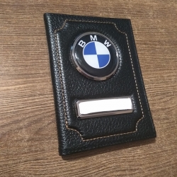 Обложка для автодокументов BMW (БМВ) Кожаная обложка для автодокументов (документов) с гос номером и логотипом BMW (БМВ)