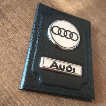 Обложки для автодокументов AUDI АУДИ на зеркальном хроме,Кожаная обложка для документов с эмблемой AUDI АУДИ на зеркальном хроме,Уникальный дизайн обложки с зеркальным хромов для автодокументов с логотипом AUDI (АУДИ) на основании подложки из зеркального 